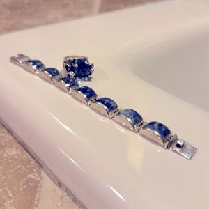 Pure silver and blue topaz ring and bracelet set